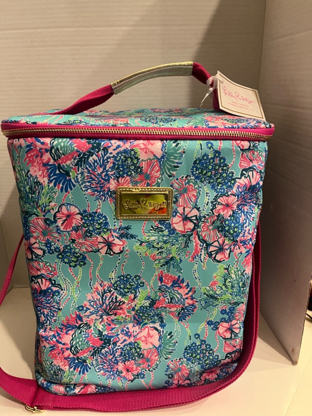 NWT Lilly Pulitzer Teal Pink Blue Floral Wine Carrier/Cooler Bag